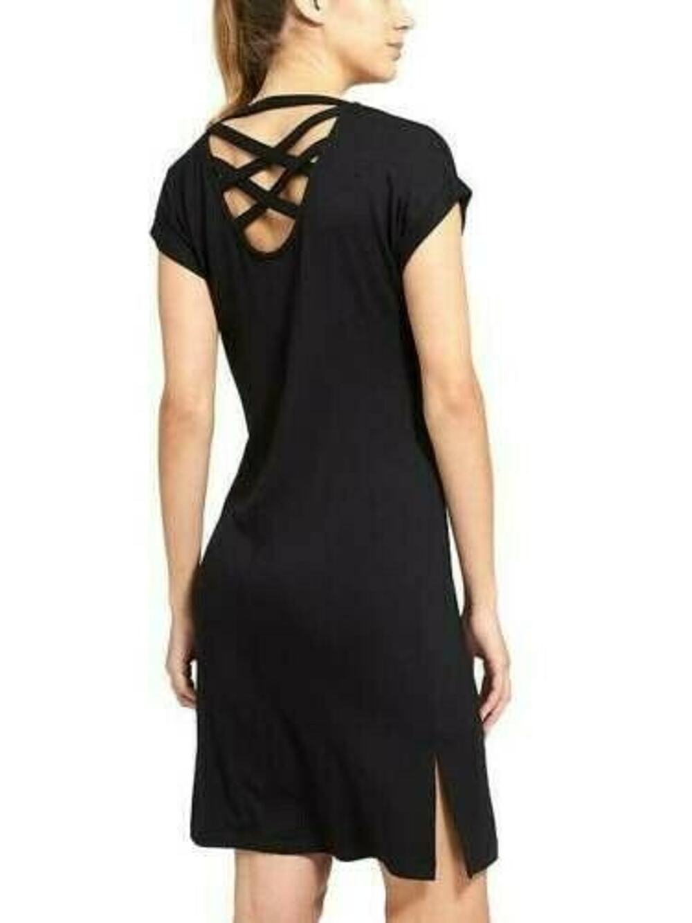 Athleta Crossback Sweatshirt Dress M Black Short Sleeve Side Slits Modal